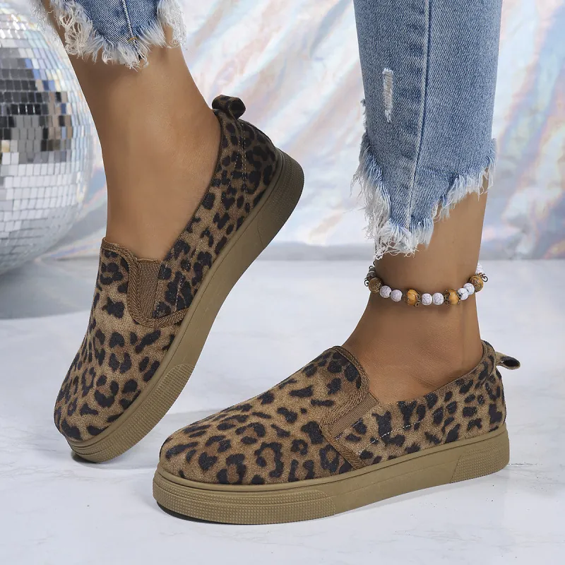 Mocasines de Suela Gruesa para Mujer Zapatos de Gamuza Casuales Slip-on Estampado de Leopardo Color Sólido Transpirable Cómodo Ligero Estilo Coreano
