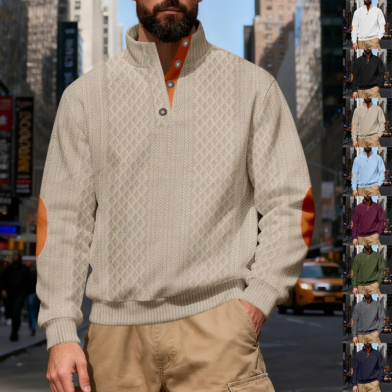 Felpa Uomo American Retro con Textura Pesante Colletto in Piedi Blocchi di Colore Toppe sui Gomiti Pullover Casual Largo