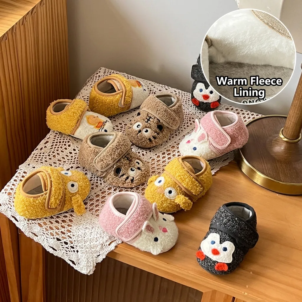 Baby Pre-walker Shoes Warm Plush Fleece Lined Soft Sole Winter Toddler Cartoon Animal Tiger Penguin Rabbit Chick Duck Shoes