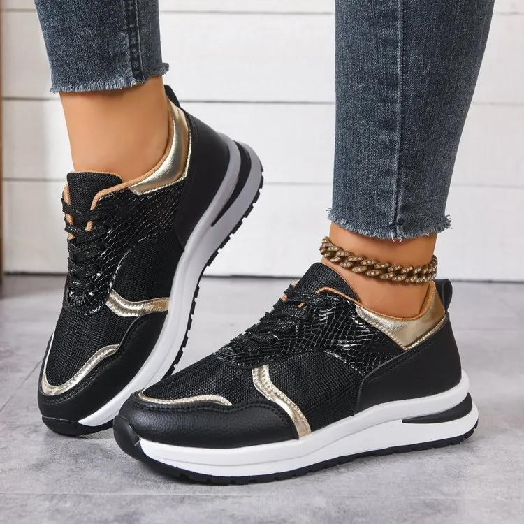 Baskets à Plateforme Chunky pour Femmes à Lacets Chaussures de Mode Décontractées Avec Détail Gauffré Peau de Serpent Maille Respirante Cuir Synthétique Patchwork Sportif