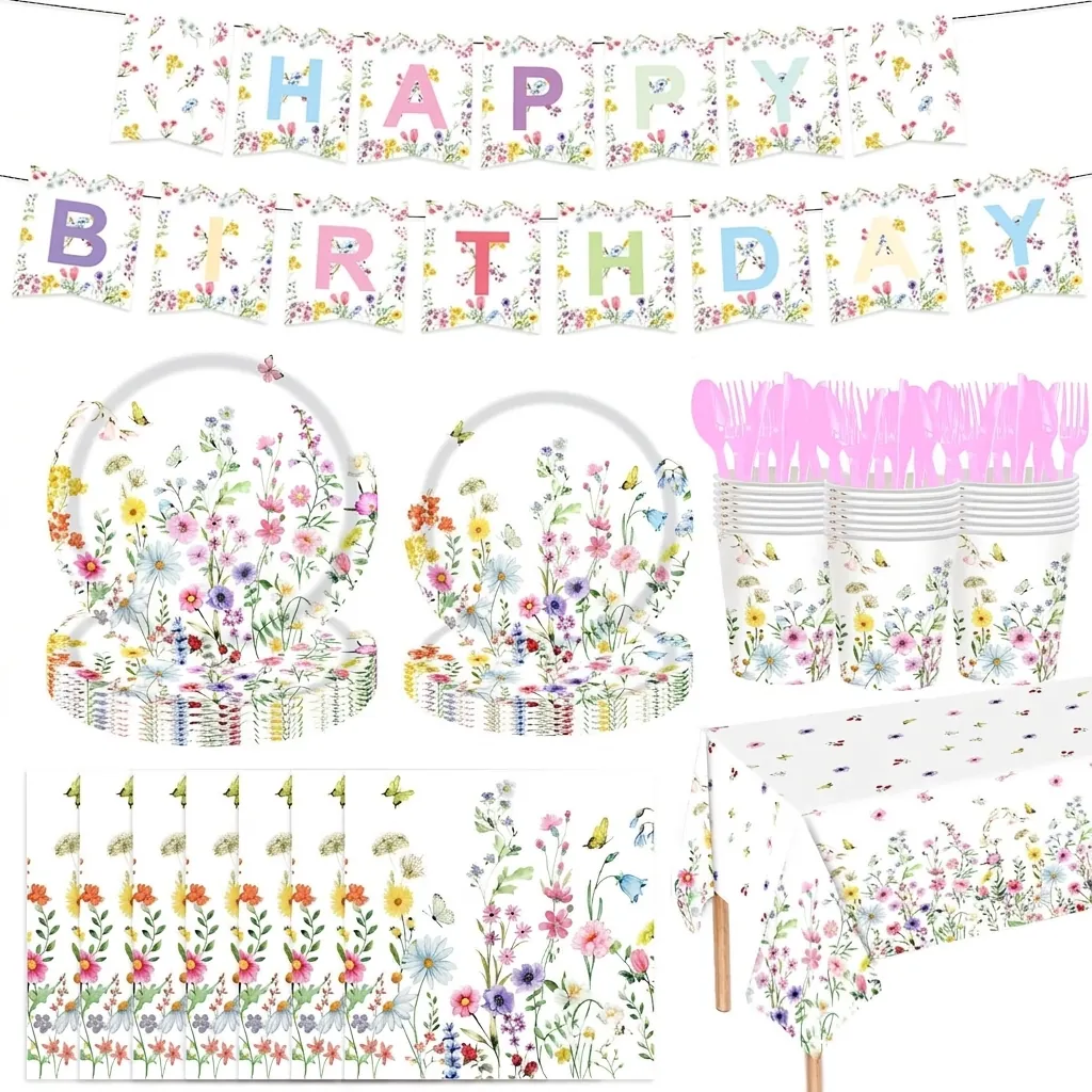 Wildflower Disposable Party Tableware Set Waterproof PE Tablecloth Paper Plates Napkins Cups For Birthday Outdoor Spring Party Decorations