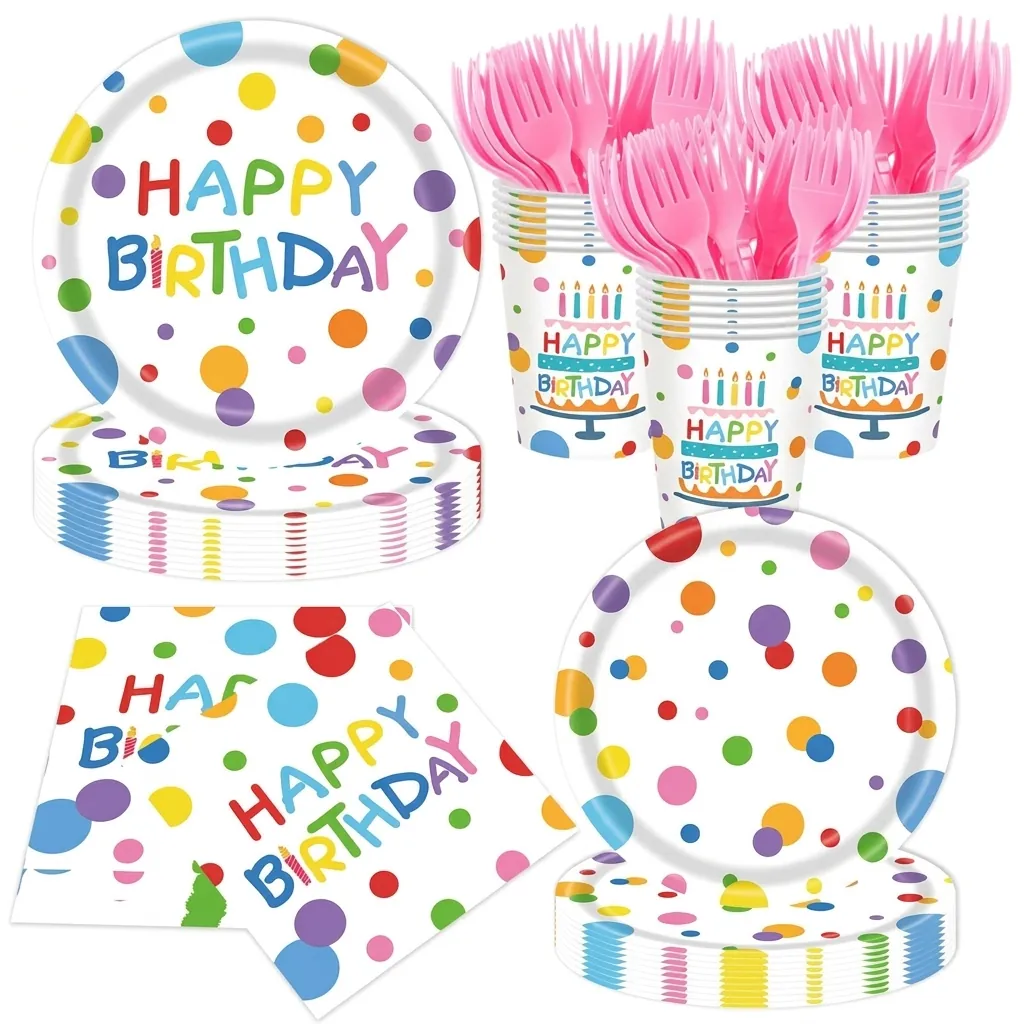 Polka Dot Birthday Party Disposable Tableware Rainbow Happy Birthday Paper Plates Cups Napkins Cutlery For Kids Decoration