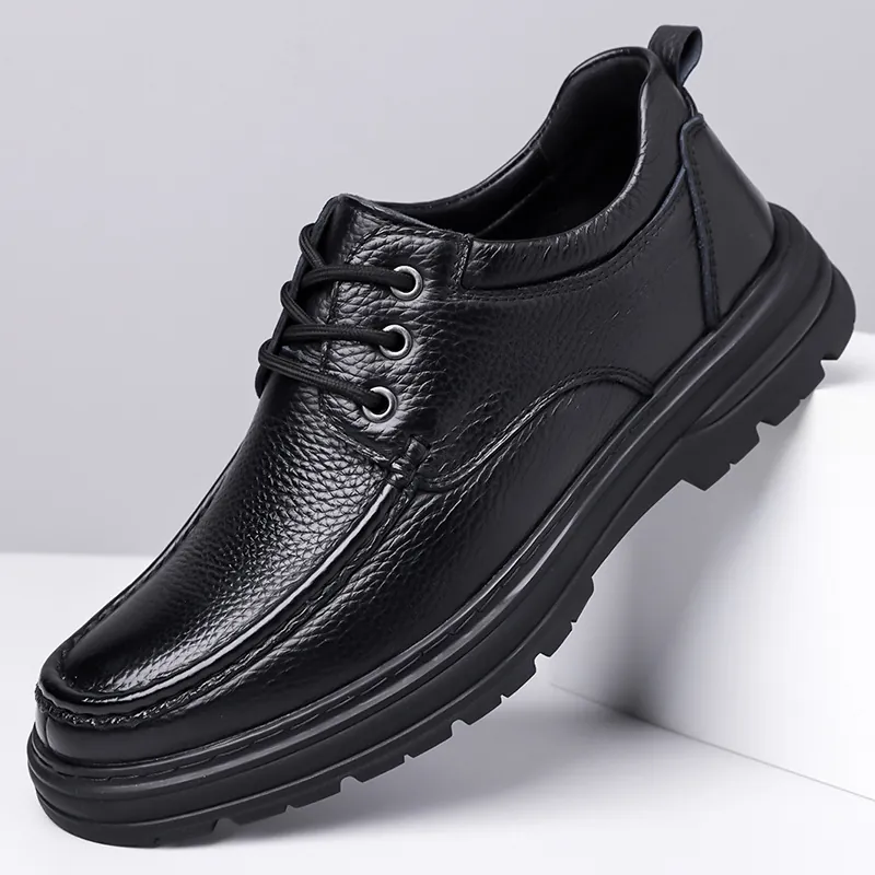 Men Business Casual Leather Shoes Top Grain Cowhide Anti-slip Rubber Sole Lace-up Oxford Loafers Comfortable Breathable Daily Footwear