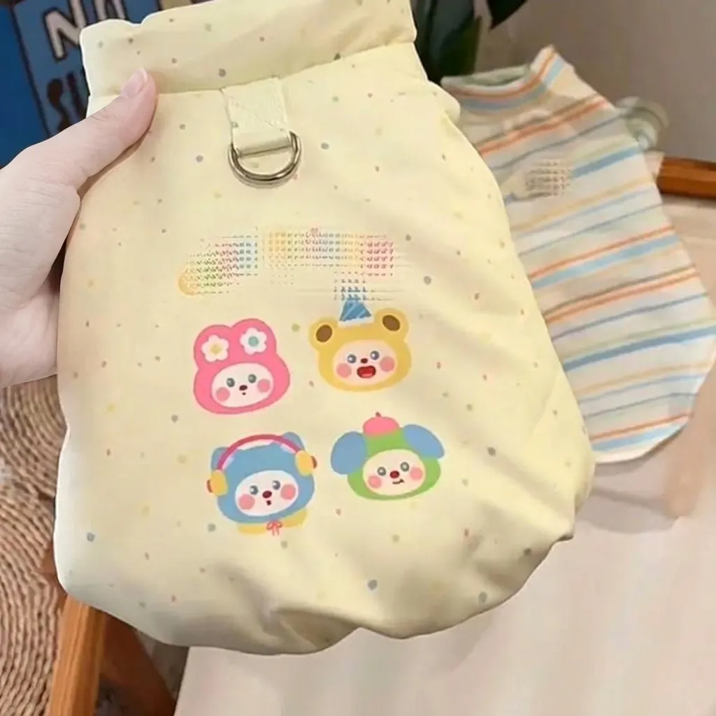 Winter Pet Cotton Padded Clothes With Leash D-Ring Quilted Cartoon Dog Jacket Two Piece Striped Shirt For Small Dogs Cats