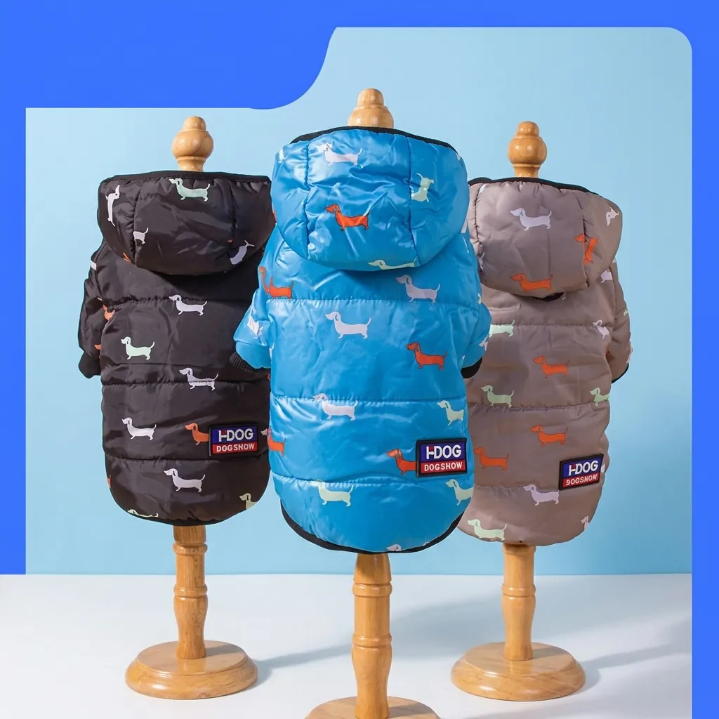 Winter Dog Coat Padded Warm Pet Clothes Hooded Dachshund Print Polycotton Windproof Jacket Small Medium Large Dogs