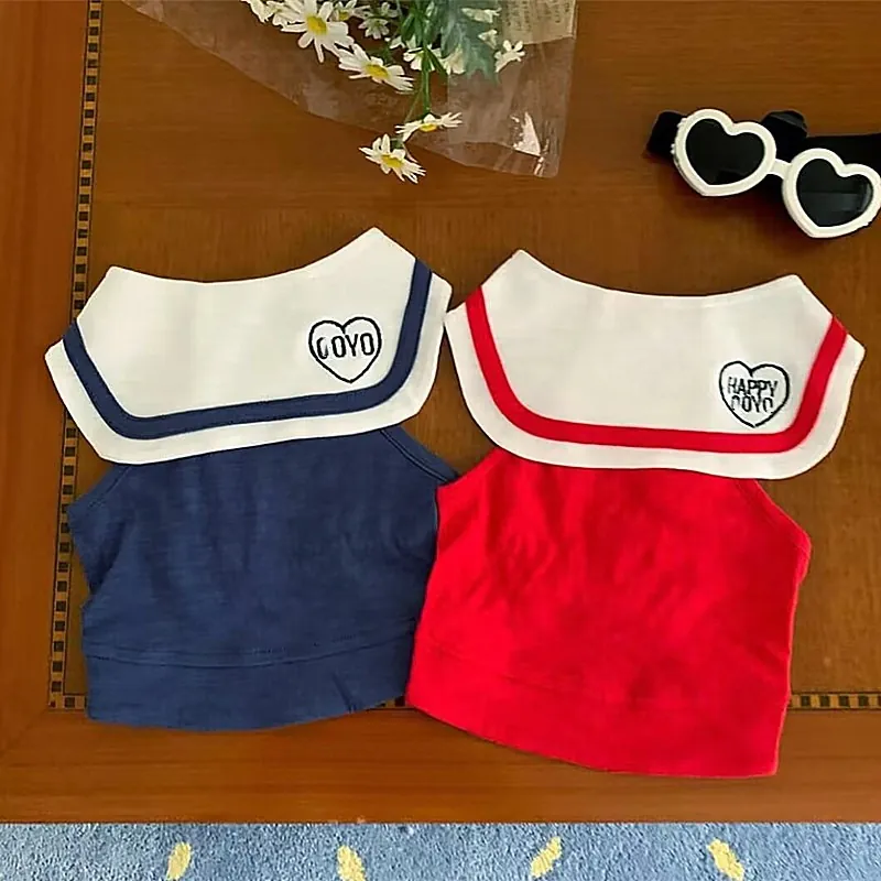 Maglietta per Animali Stile Marinaresco Cotone Blu Notte Rosso Ricamo Cuore Ancora Vestiti per Cani Gatti Cuccioli