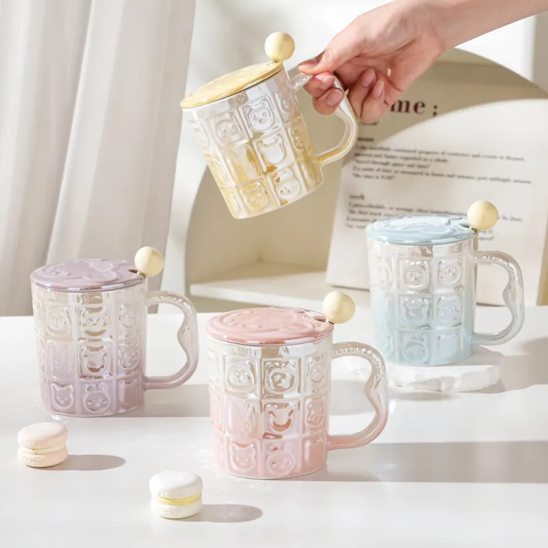 Taza de Cerámica de Animales de Dibujos Animados Con Tapa y Cuchara Relieve Perlado Galvanizado Taza de Café para Mujeres Hogar Oficina