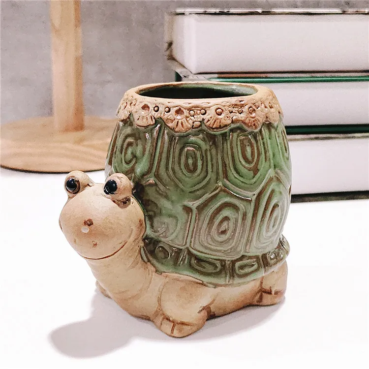 Pot de Fleurs Succulentes en Céramique Créatif Animaux Dessin Animé Forme de Tortue Escargot pour Bureau Maison Décoration de Jardin