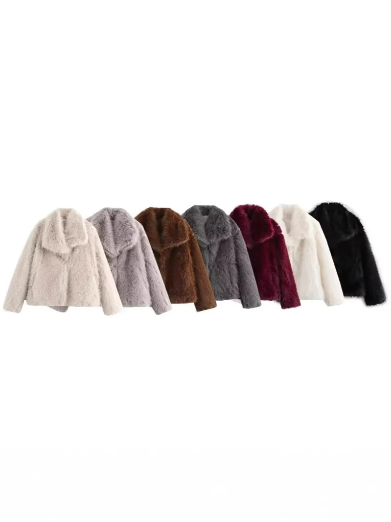 Women Elegant Faux Fur Coat Winter Warm Large Lapel Long Sleeve Jacket Thick Plush Outerwear Solid Color Fashion Overcoat