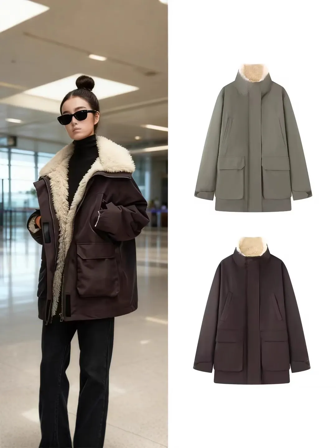 Giacca Parka Patchwork Casual da Donna Calda Foderata in Pile di Agnello Lunghezza Media Antivento Con Tasche Cappotto