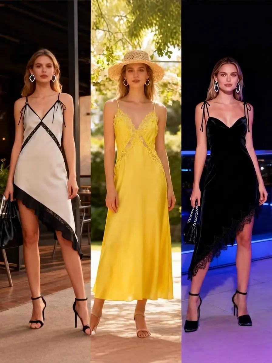 Women Sexy Satin V-Neck Slip Midi Dress Irregular Lace Patchwork Sleeveless Backless Bodycon Party Clubwear Elegant Sundress