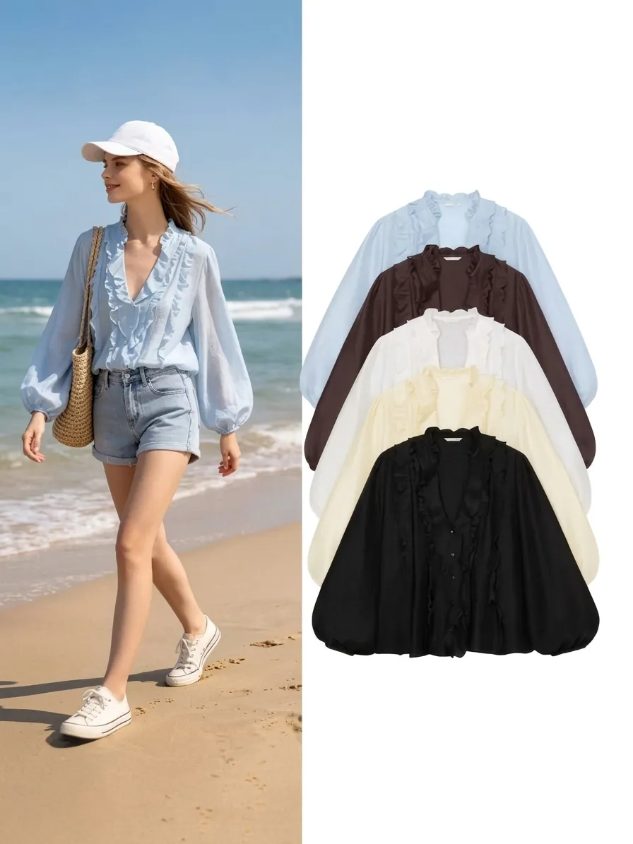 French Style Sweet Women V-Neck Ruffle Blouse Layered Decoration Lantern Long Sleeve Polyester Top Fashion Chic Solid Shirt
