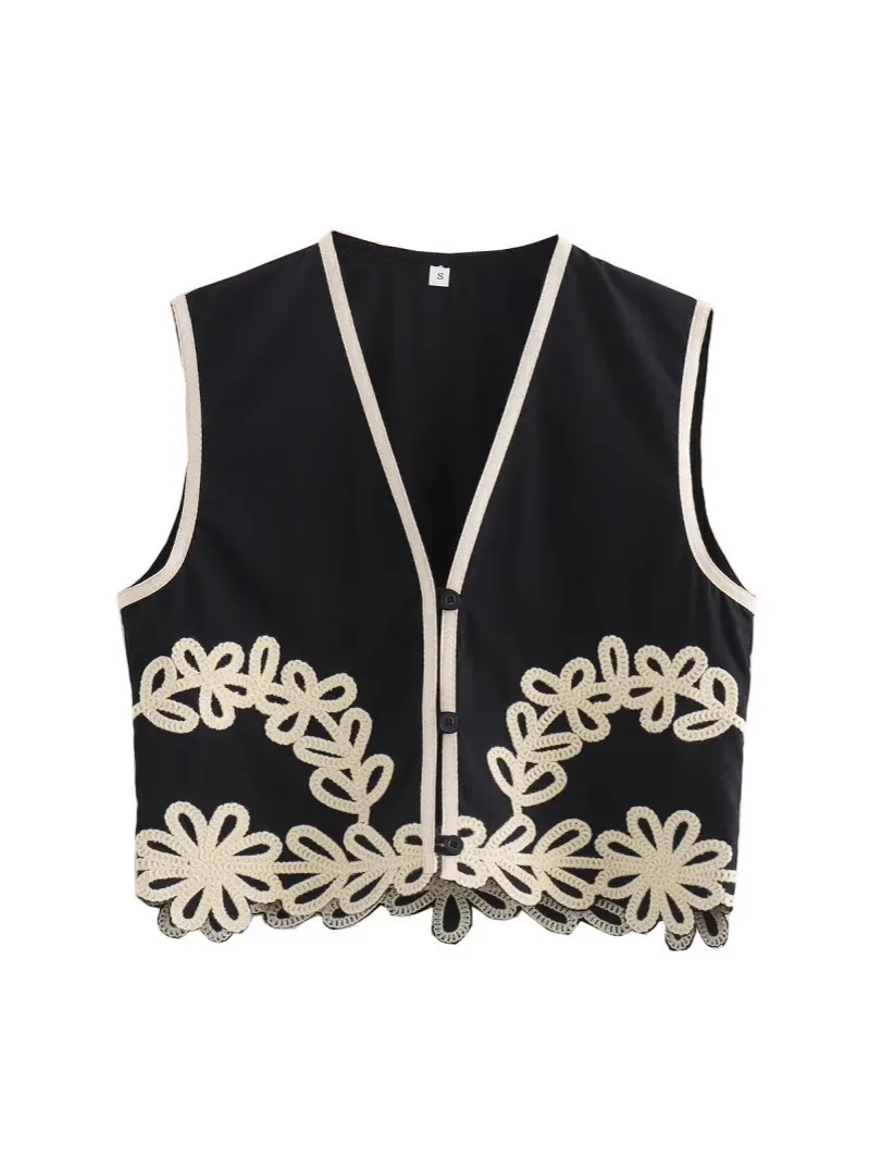 Top Gilet Ricamato Vintage da Donna Gonna Mini E Pantaloni a Gamba Larga In Poliestere Boho Floreale Abbigliamento per Donna