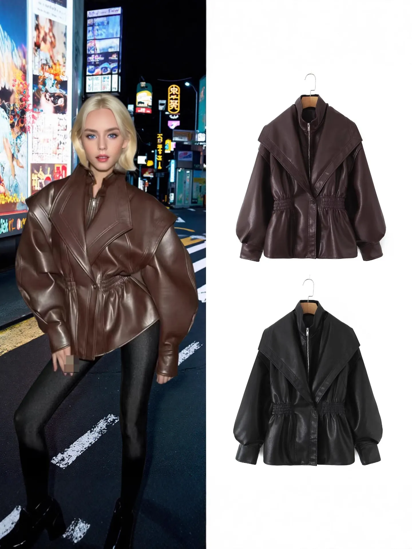Giacca in Pelle Sintetica da Donna Colletto a Doppio Strato Aderente Moto Biker Streetwear Stile Punk Top