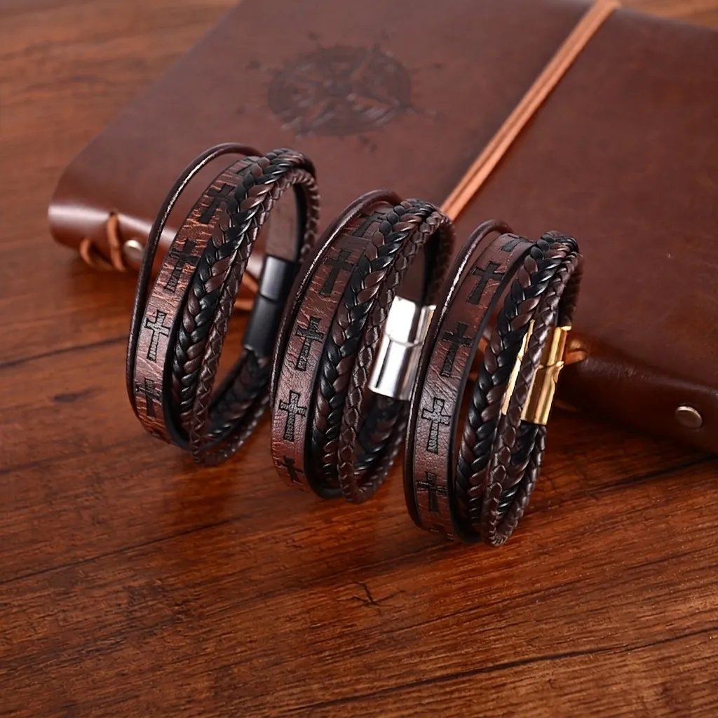 Bracelet Tressé en Cuir Véritable Fait Main pour Hommes Femmes Motif de Croix Rétro Fermoir Magnétique en Alliage Style Punk Bijoux Unisexe