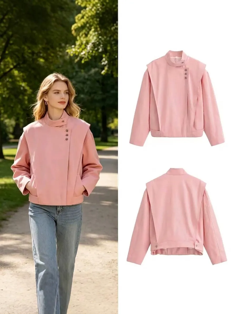 Women Pink Stand Collar Jacket Sweet Fashion Asymmetric Button Long Sleeve Polyester Outerwear Casual Coat For Women Fall Spring