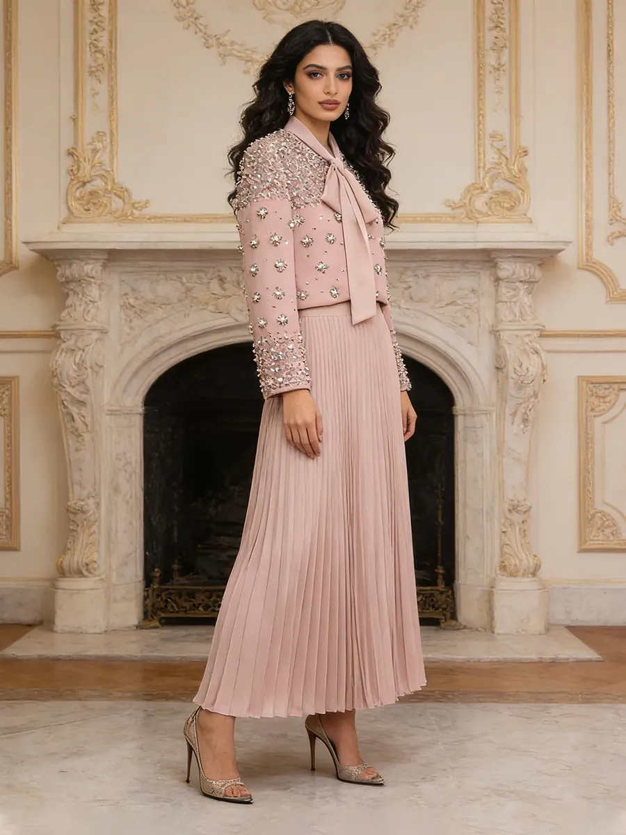 Elegant Heavy Craft Beaded Rhinestone Women Skirt Set Retro Sophisticated Top And Bottom Polyester Pleated Maxi Skirt Suit