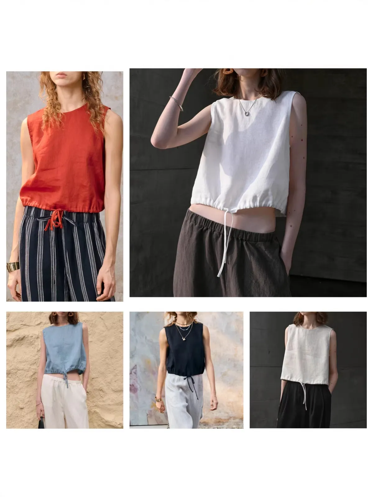 Dames Casual Katoen Linnen Mouwloze Tanktop Ronde Hals Trekkoord Zoom Losse Vest Korte Zomer Resort Top