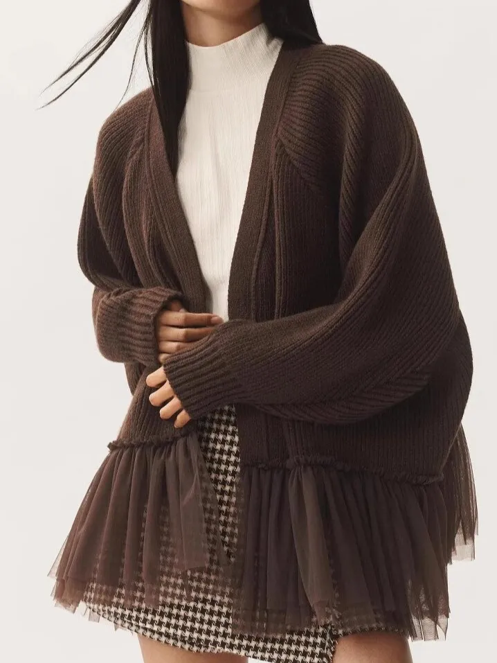 Women's Loose Knit Cardigan Sweater With Mesh Ruffle Hem Long Sleeve Open Front Top Cotton Blend Autumn Casual Outerwear