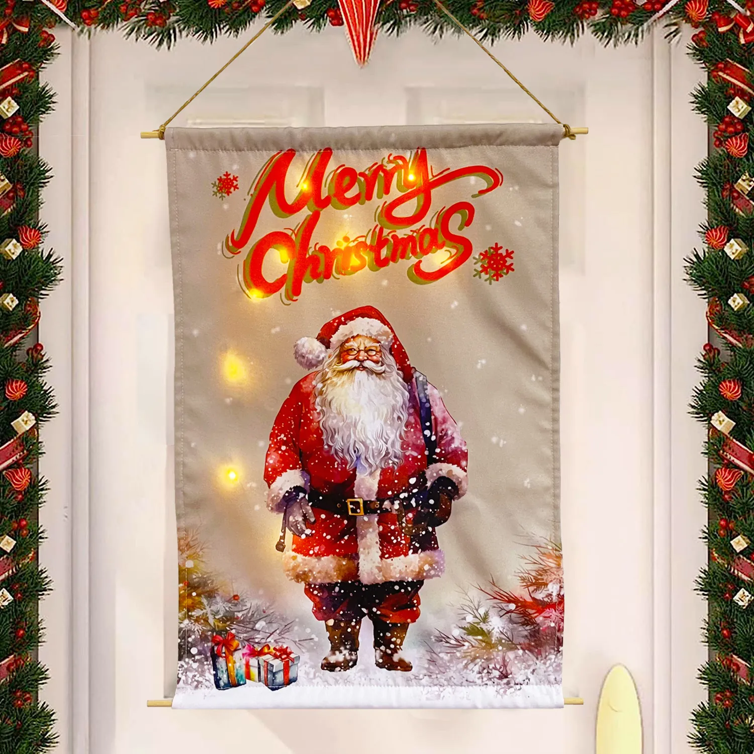 LED Verlichte Kerst Hangende Banner Vlag Kerstman Sneeuwpop Rendier Bedrukte Stof Festival Wanddecoratie Voor Thuis