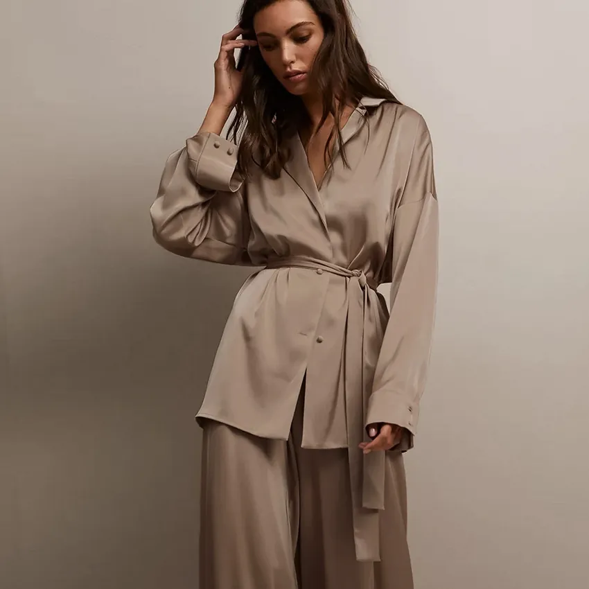 Women Satin Polyester Pajama Top And Bottom Long Sleeve V-Neck Belted Sleepwear Loungewear Two Piece Soft Comfortable Home Wear