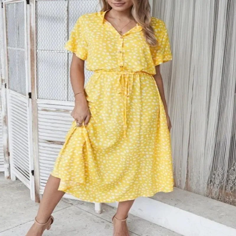 Vestido Midi Casual para Mujer con Estampado de Lunares Cuello en V Manga Corta Abotonadura Simple Línea A Vestido Largo de Playa con Cinturón