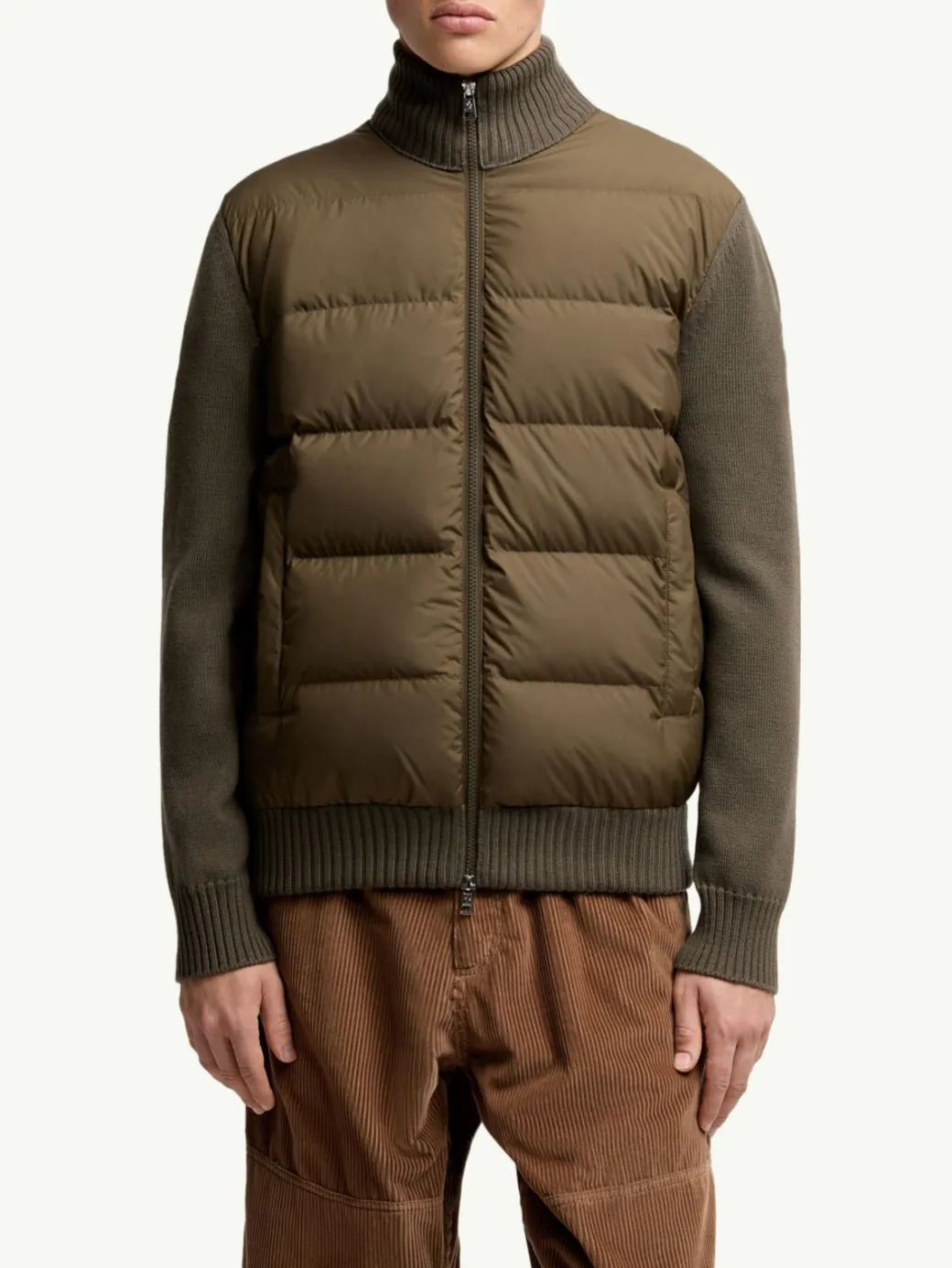 Men Casual Polyester Padded Bomber Jacket With Stand Collar Ribbed Knit Patchwork Sleeves Quilted Zipper Coat Outerwear