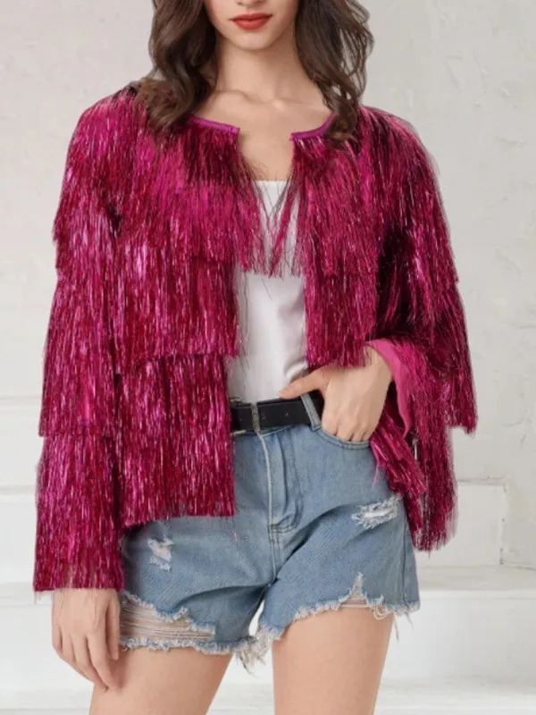 Giacca a Frange in Filo Metallico da Donna Cappotto Aperto a Strati con Nappine Maniche Lunghe per Performance sul Palco Festa