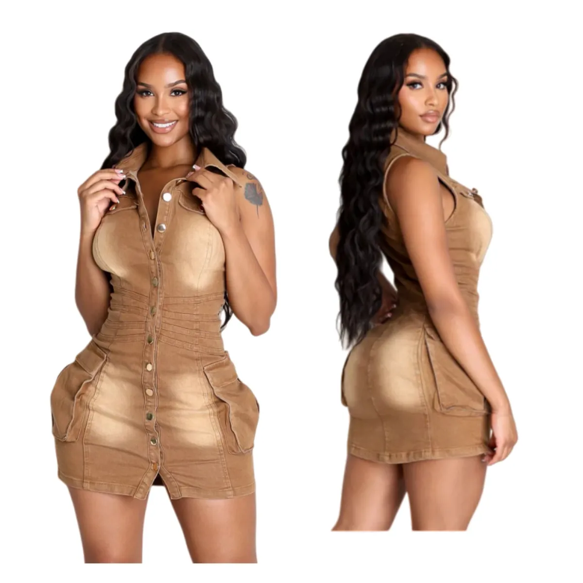 Women Retro Slim Fit Denim Sleeveless Mini Dress Camel Washed Cotton Single Breasted Shirt Dress With 3D Cargo Pockets