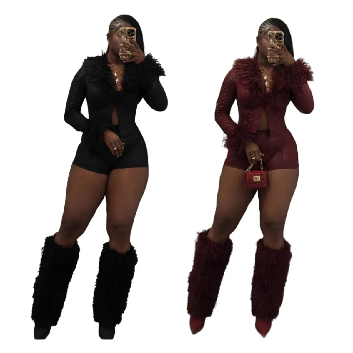 Conjunto de Cuero de PU con Patrón de Serpiente Sexy para Mujer Chaqueta con Adorno de Felpa Top Y Pantalones Cortos
