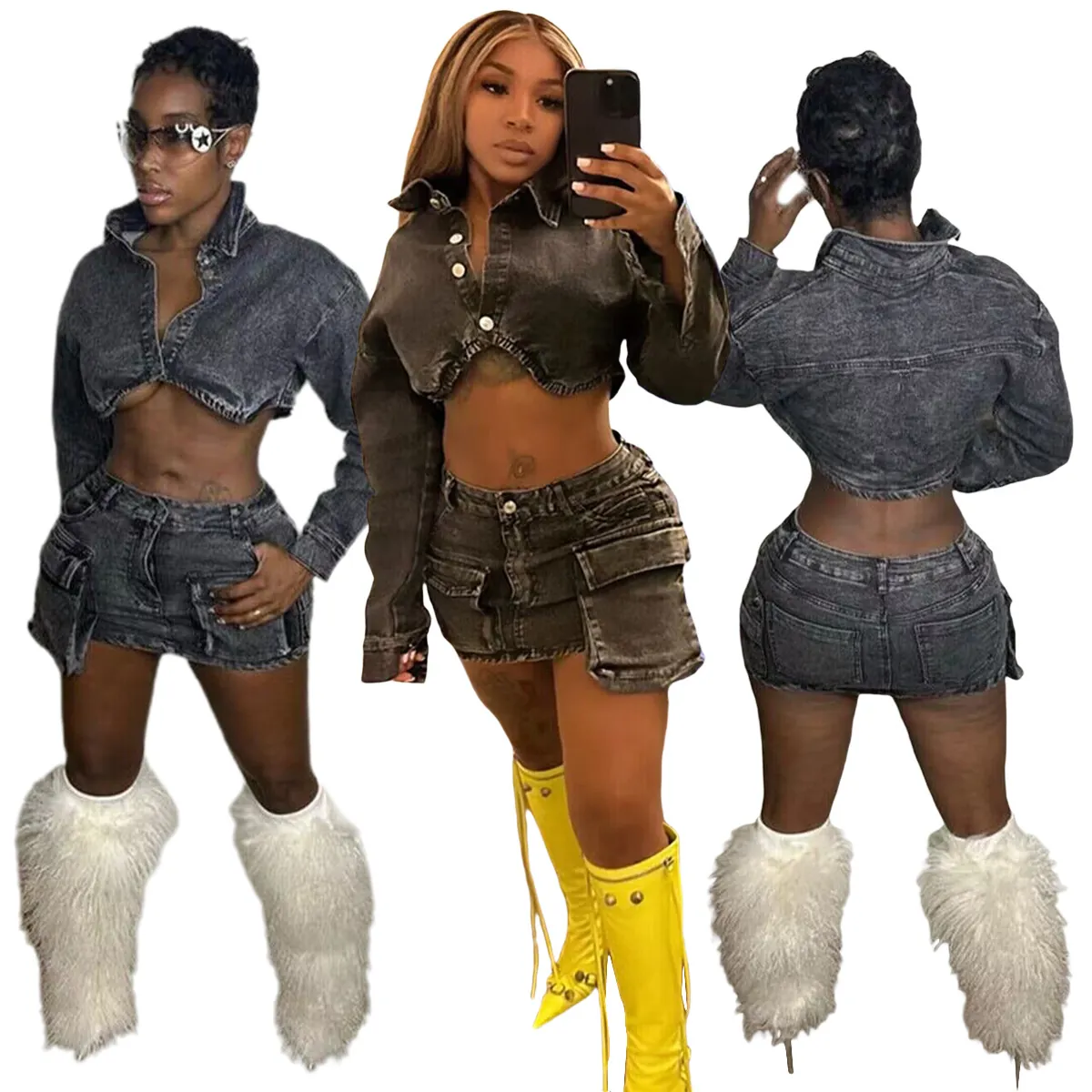 Women Washed Denim Skirt Set Sexy Crop Jacket And Mini Skirt With 3D Cargo Pockets Y2K Streetwear Top And Bottom Outfits