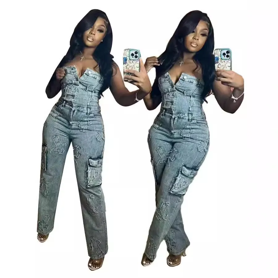 Women Strapless Denim Jumpsuit With Cross Embroidery And Cargo Pockets Retro High Stretch Washed Straight Long Pants Jumpsuit