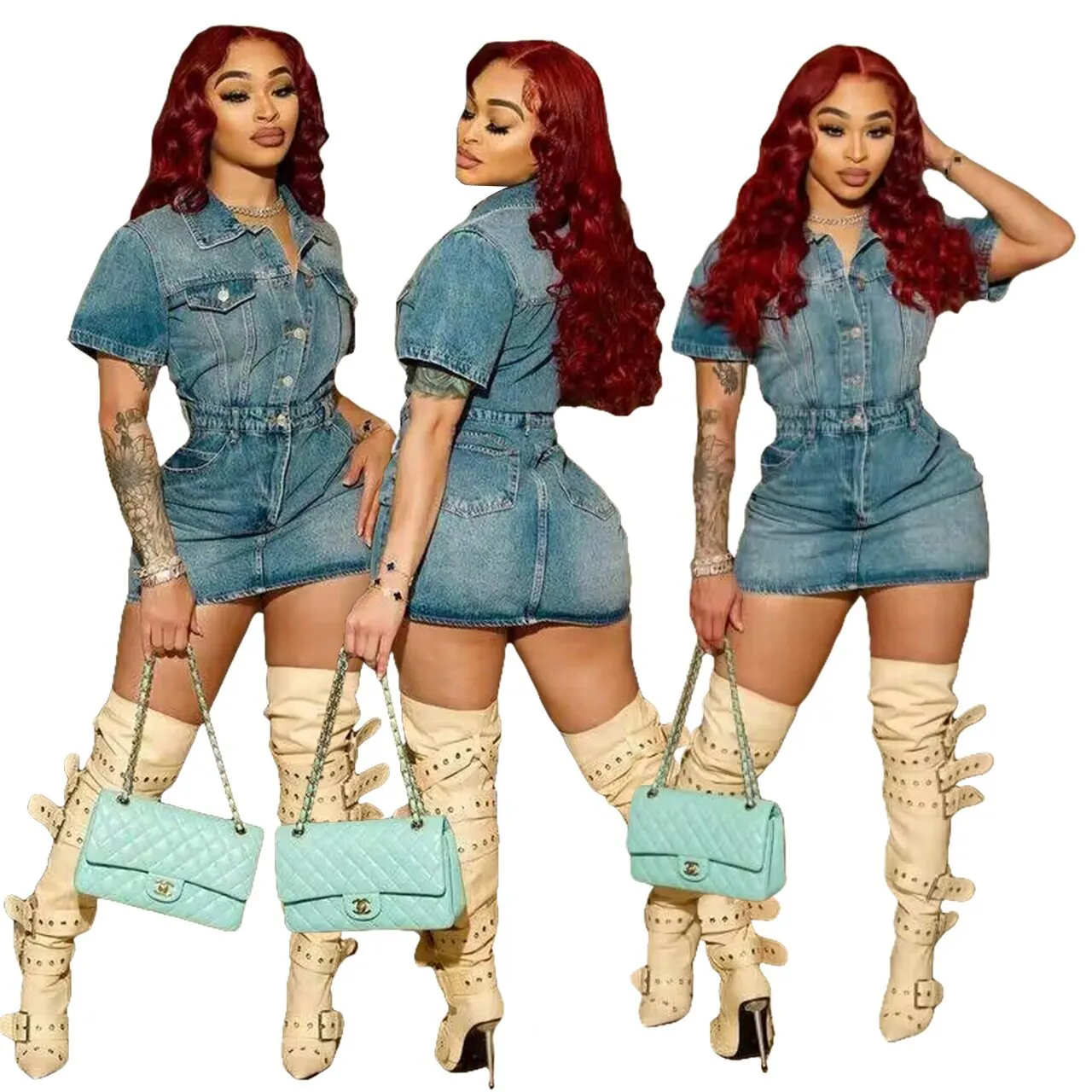 Women Fashion Slim Fit Denim Short Sleeve Mini Dress Retro Sand Wash Button Down Shirt Collar Casual Summer Jean Dress