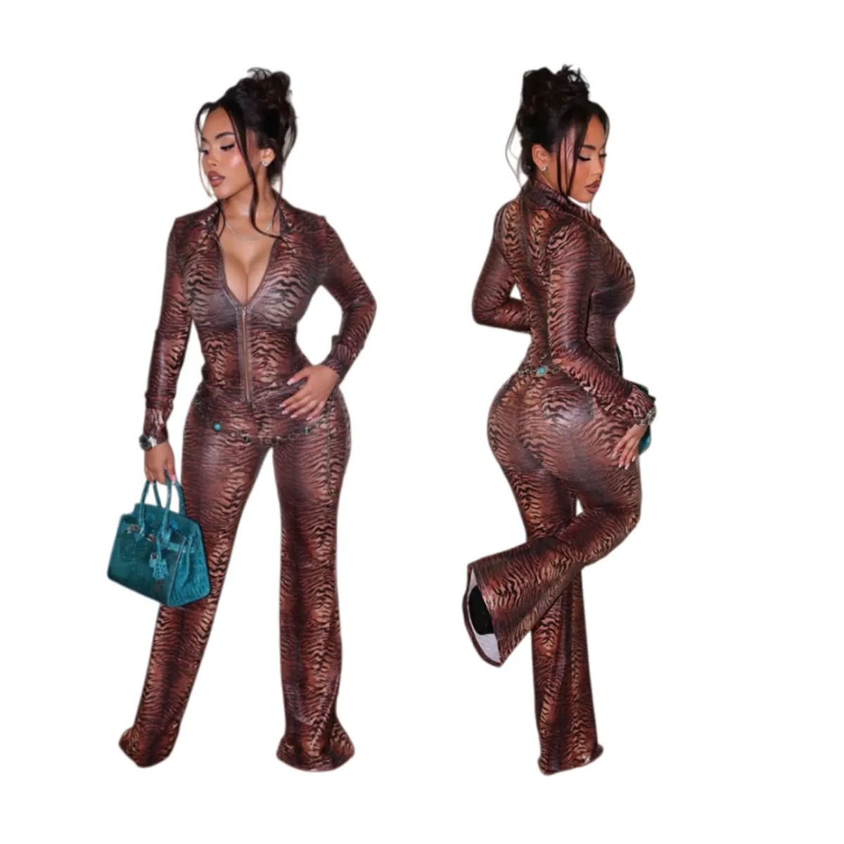 Ensemble Haut et Pantalon en Maille à Imprimé Tigre pour Femme Col Montant Manches Longues Zippé et Pantalon Évasé Taille Haute