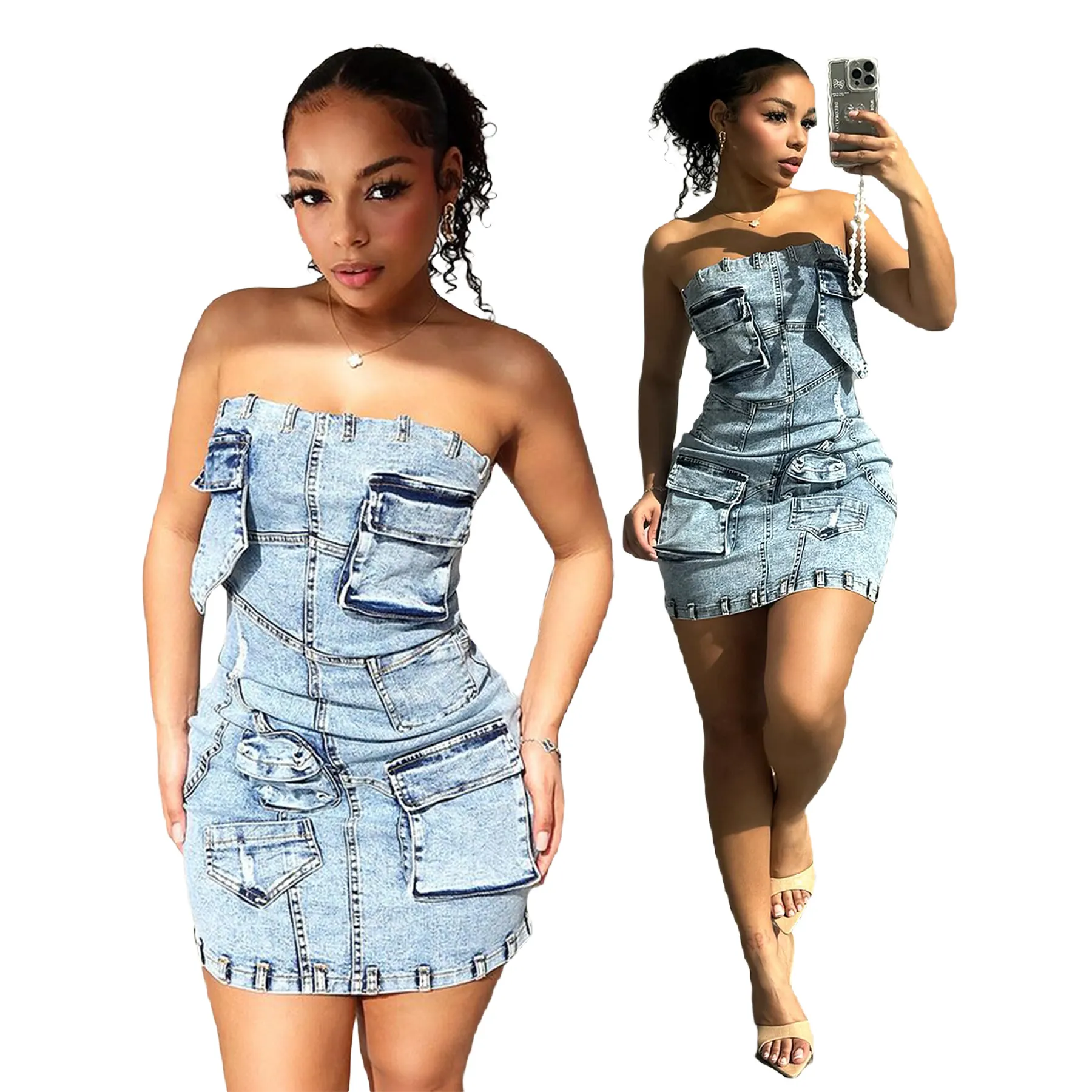 Women Sexy Denim Tube Top Mini Dress Bodycon Cargo Style 3D Pockets Strapless Acid Wash Cotton Jean Dress Light Blue