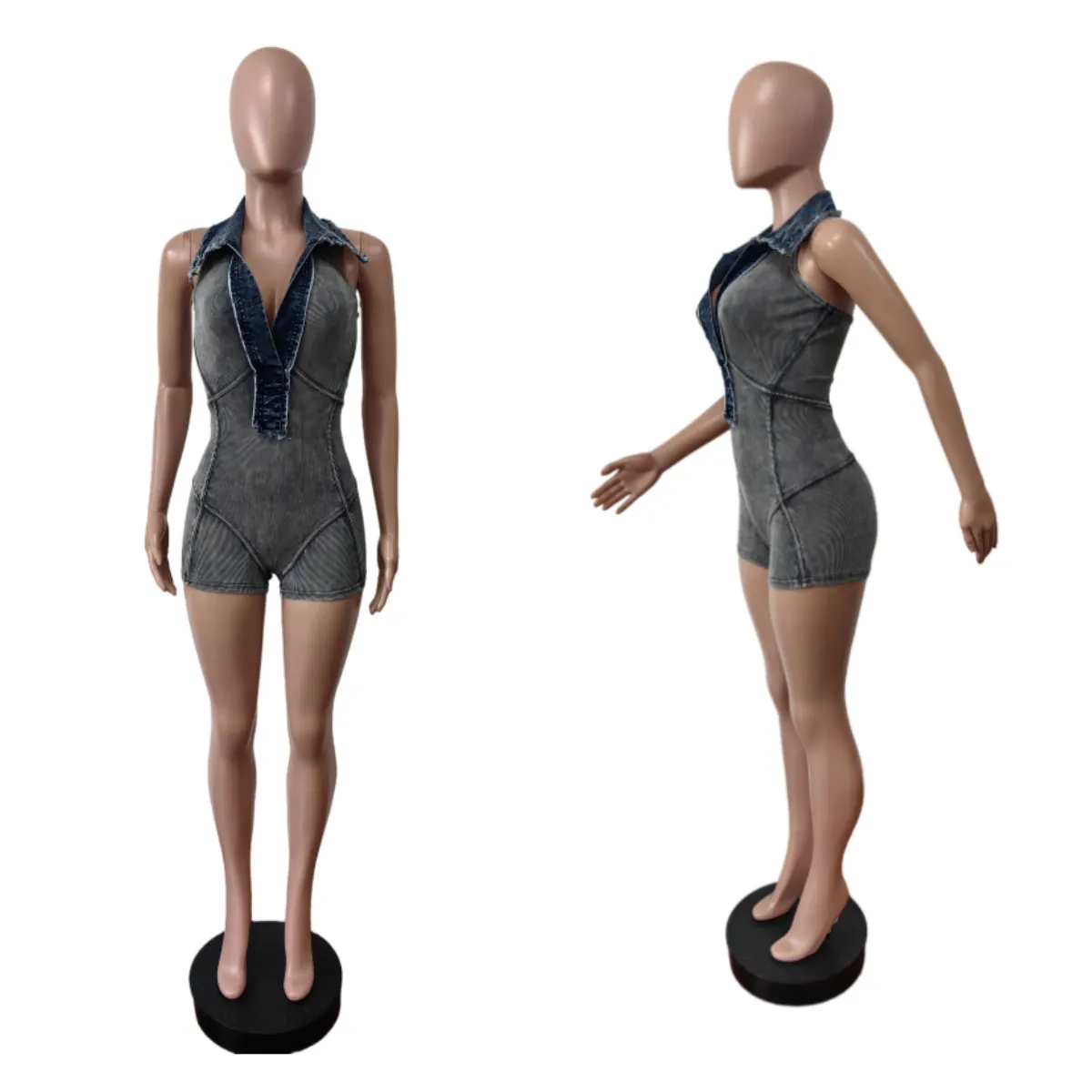 Barboteuse en Jean Patchwork Femme Sexy Dos Nu Sans Manches Moulant Combinaison Nervurée Mélange Coton Acid Wash Streetwear Bodysuit