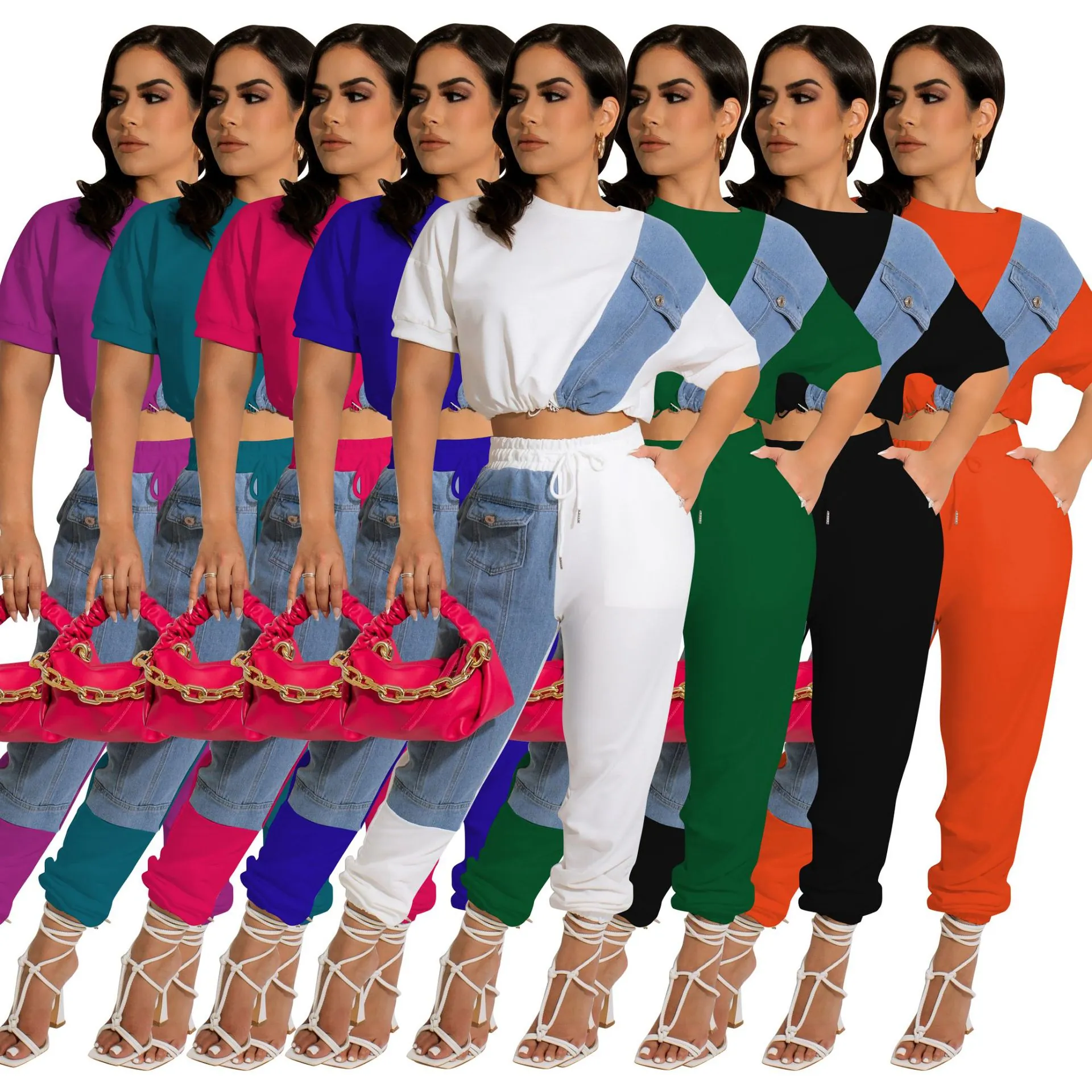 Women Denim Patchwork Casual Sporty Set Round Neck Short Sleeve Top And Drawstring Jogger Pants Top And Bottom Tracksuit