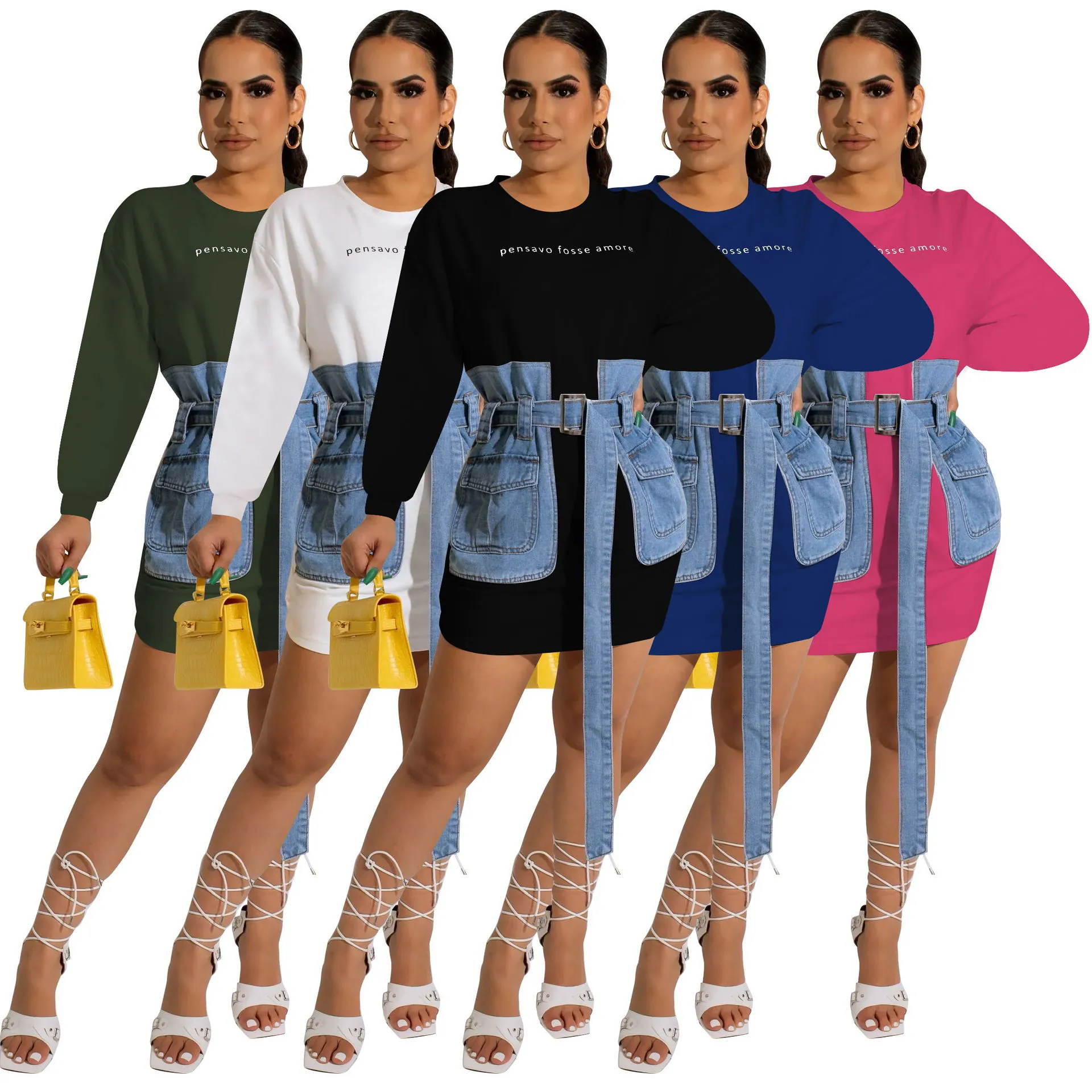 Women's Autumn Patchwork Denim Dress Letter Embroidered Long Sleeve Belted Midi Dress Casual Fashion Apparel