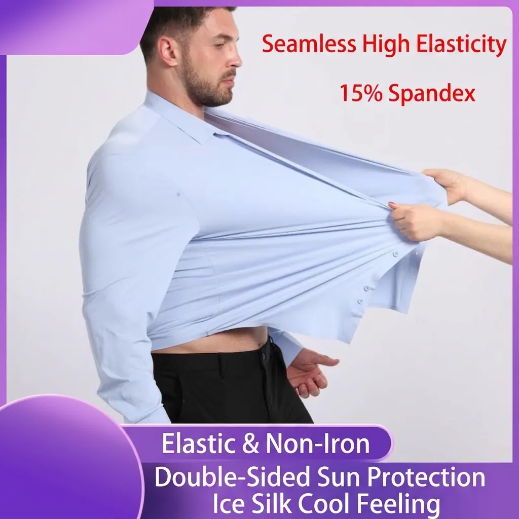 Men's High Stretch Seamless Long Sleeve Shirt Non-Iron Anti-Wrinkle Ice Silk Cooling Sun Protection Business Casual Top