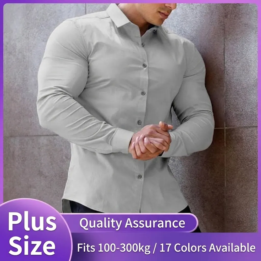 Men Plus Size Long Sleeve Shirt 4-Way Stretch Anti-Wrinkle Casual Business Non-Iron Button Down Solid Color Top