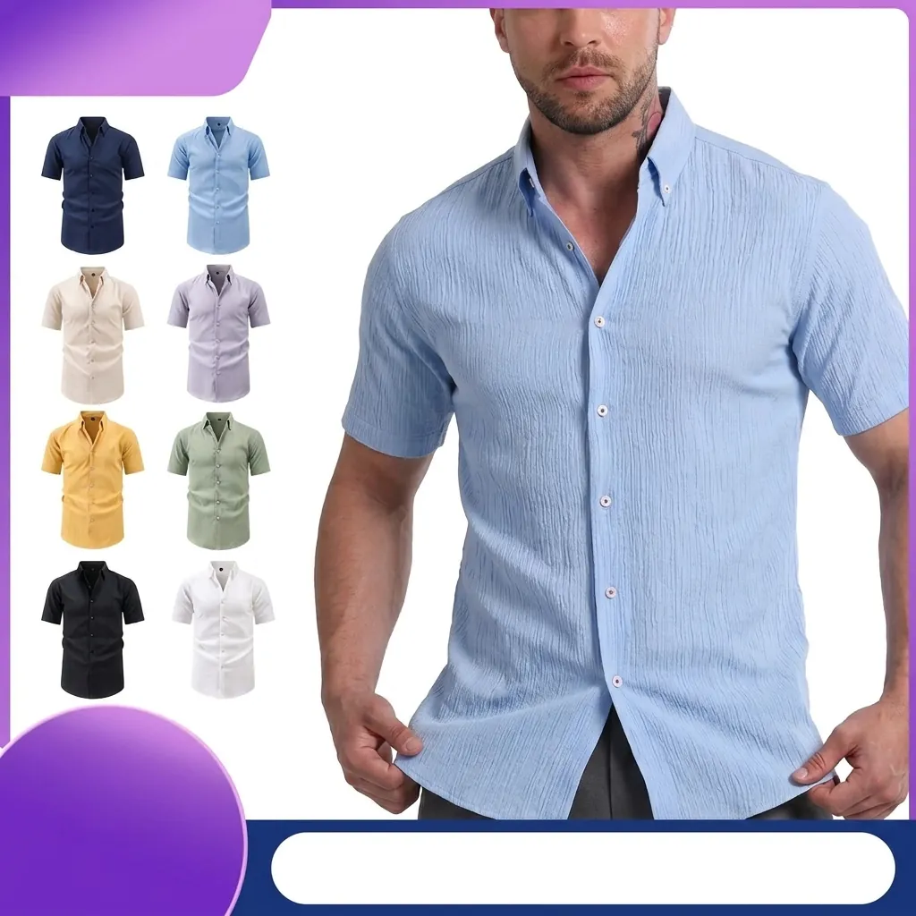 Men Vintage Seersucker Shirt Short Sleeve Breathable Polyester Crinkle Texture Vertical Striped Regular Fit Casual Top