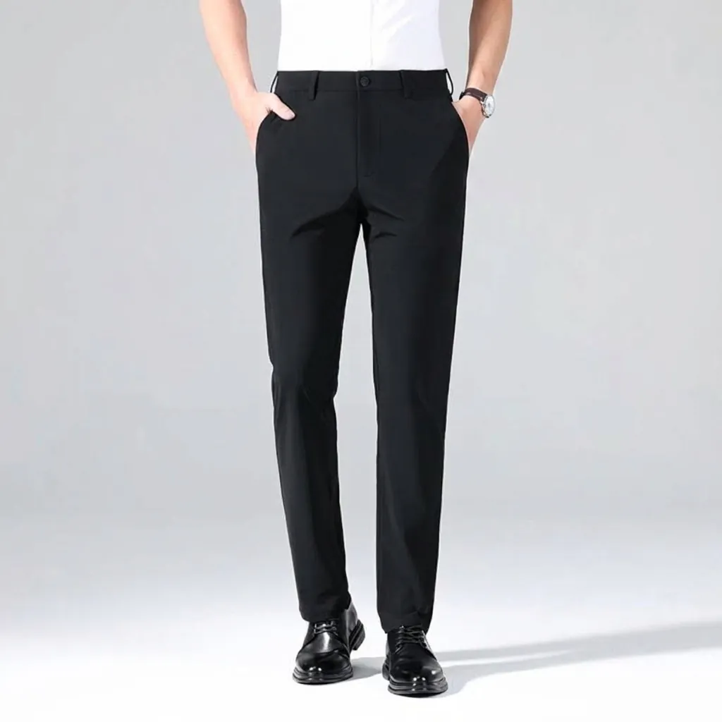 Men's High Stretch Business Casual Suit Pants Fleece Lined Thickened Warm Trousers Acrylic Polyester Solid Color Commuter Pants