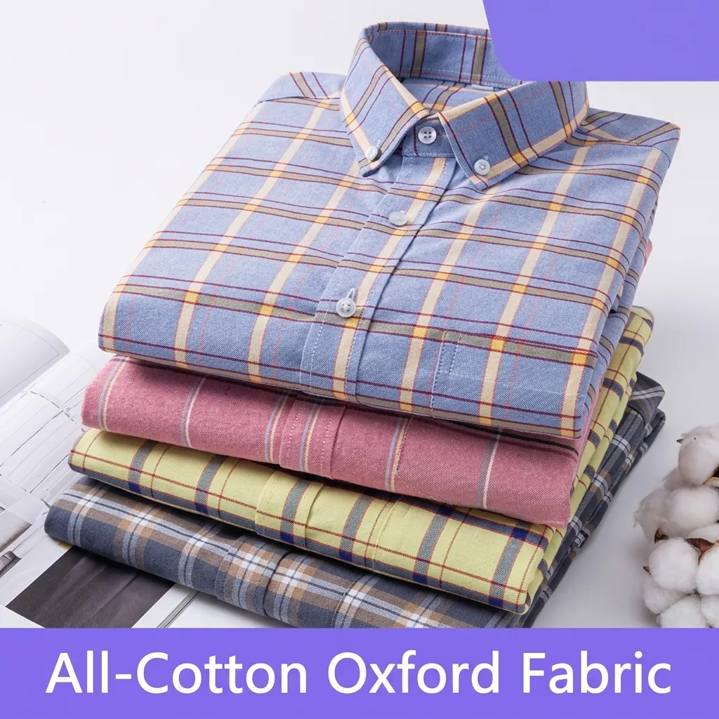 Men Cotton Oxford Long Sleeve Plaid Shirt Casual Button Down Checked Shirt Fashion Youth Large Size Top Enzyme Washed Dyed