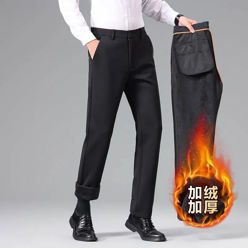 Men's Business Casual Suit Pants Slim Fit Solid Color Polyester High Stretch Fleece Lined Autumn Winter Formal Trousers