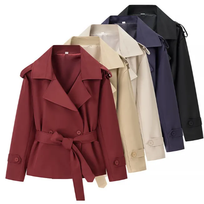 Women's European Fashion Tie-Waist Short Trench Coat Jacket Casual Double Breasted Long Sleeve Outerwear Top