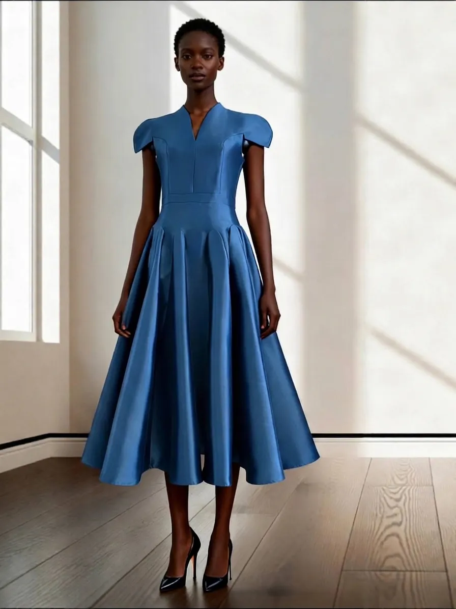 Women V-Neck Petal Sleeve Prom Dress High Waist Elegant Acetate Glossy Satin A-Line Puffy Skirt Maxi Dress For Wedding Party
