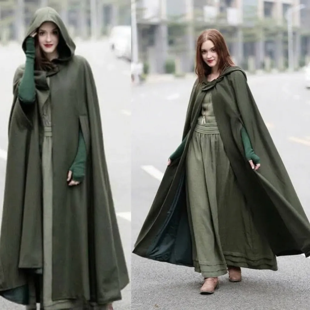 Women's Vintage Hooded Cape Coat Polyester Long Cloak Windbreaker For Halloween Party Winter Casual Fashion Solid Color Outerwear