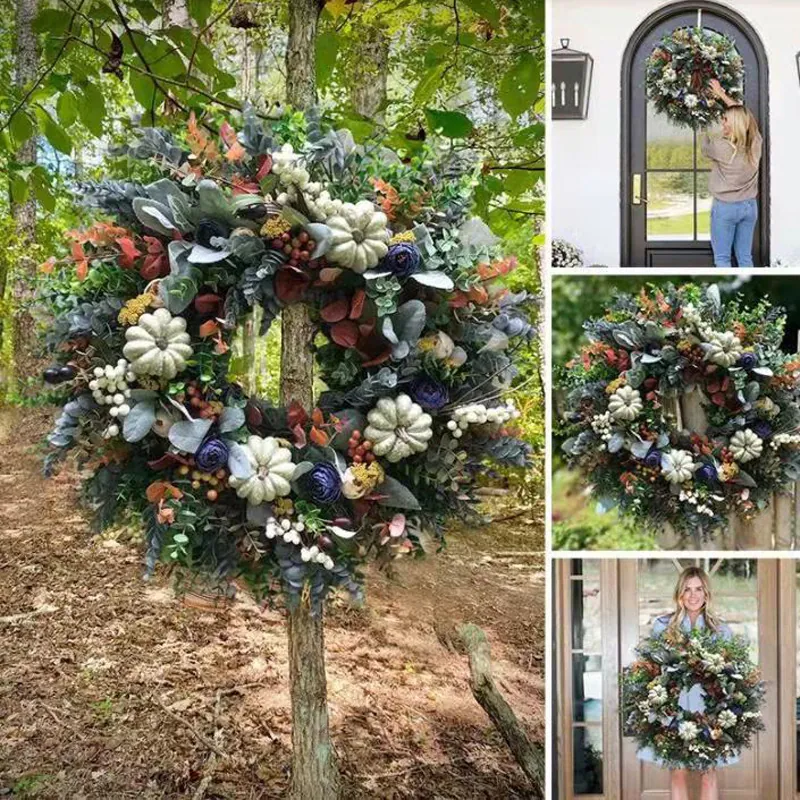 Eukalyptus Kürbis Kranz Weihnachten Erntedankfest Herbst Dekorative Türaufhängung Kranz Mit Weißen Kürbissen Beeren Blumen Für Haus Deko