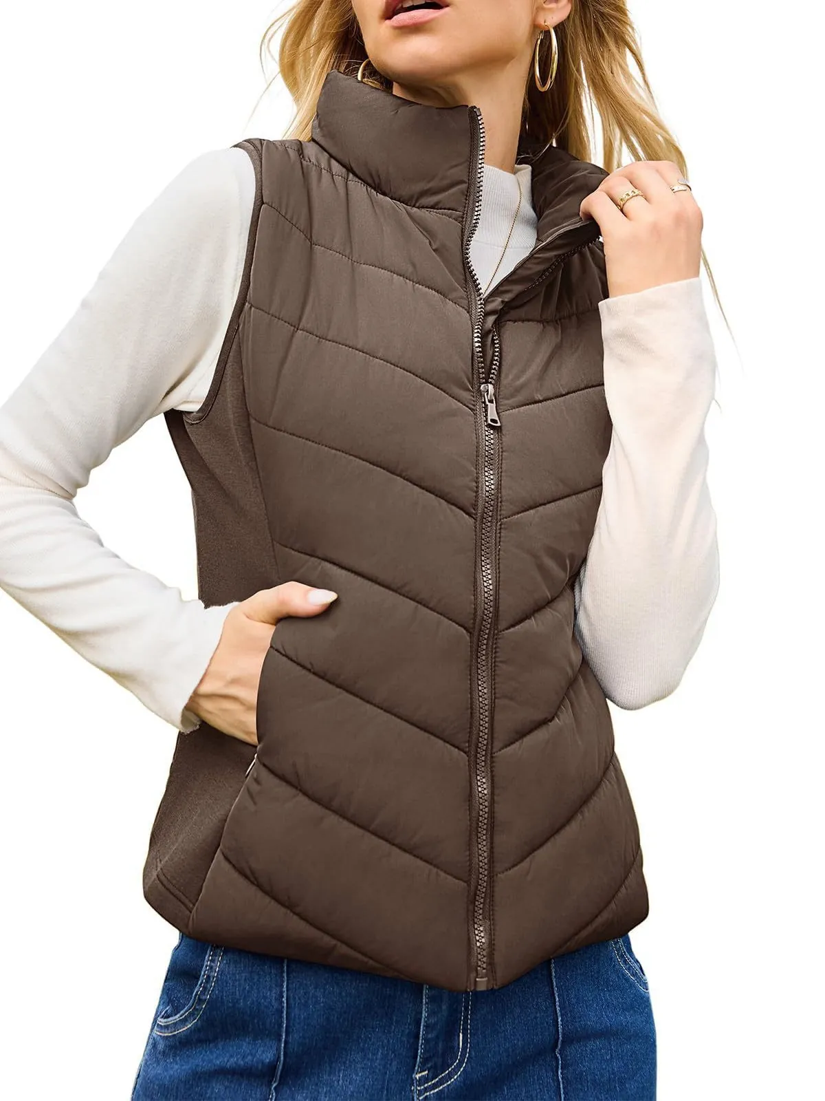 Women Stand Collar Padded Vest Quilted Sleeveless Jacket Fall Winter Warm Polyester Cotton Waistcoat Zip Up Slim Outerwear