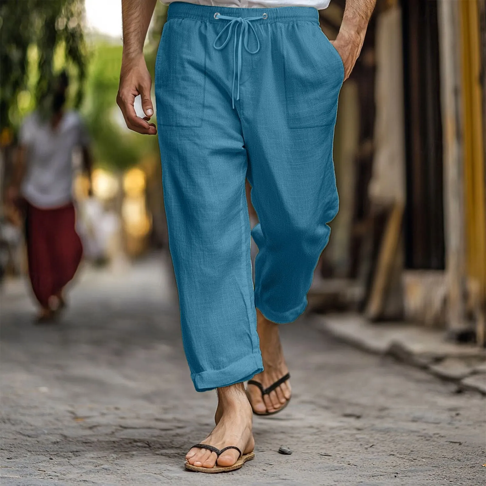 Men's Summer Casual Cotton Pants Loose Fit Elastic Waist Drawstring Multi-Pockets Breathable Lightweight Beach Trousers